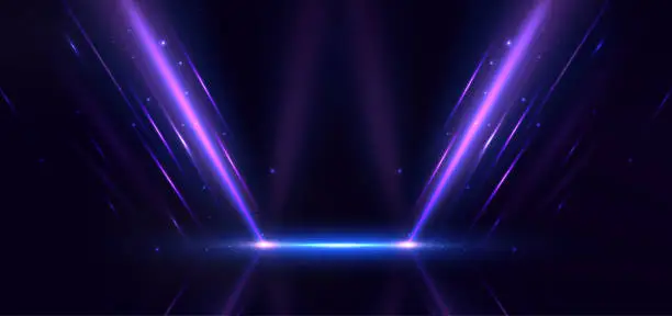 Vector illustration of Abstract futuristic glowing purple light ray with light effect on dark blue background.