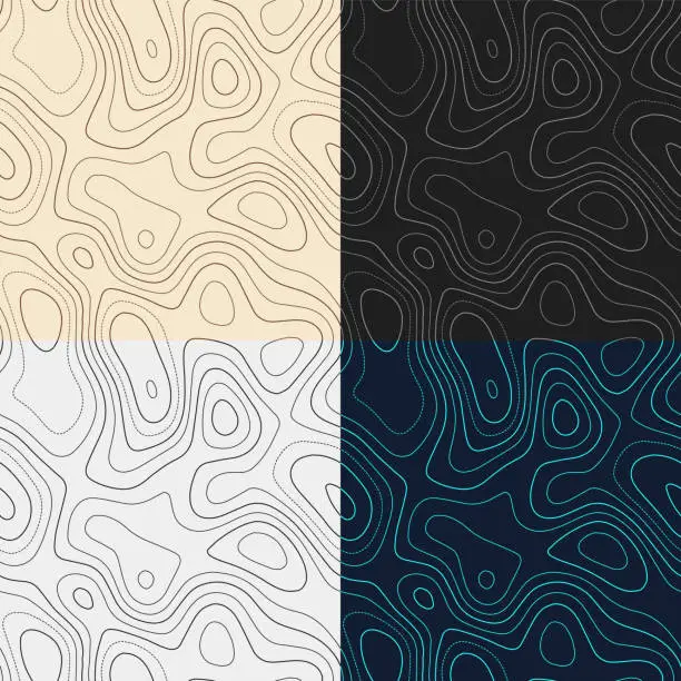 Vector illustration of Topography patterns. Seamless elevation map tiles. Beautiful isoline background. Radiant tileable patterns. Vector illustration.