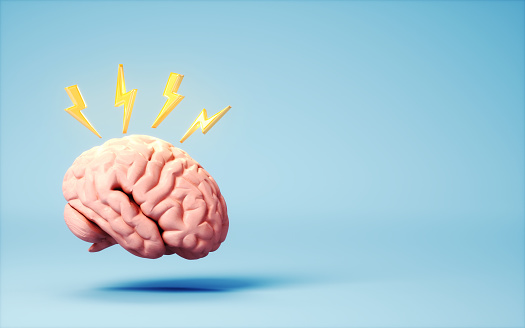 3d Render Yellow Lightning Icons Above Human Brain on Soft Blue Background, Problem Fatigue stress headache concepts, Thought, Dementia, Parkinson's Disease, Alzheimer's, Mental Seizures (close-up), idea thought concept