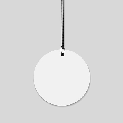 Blank round paper price tag with string isolated on transparent background.