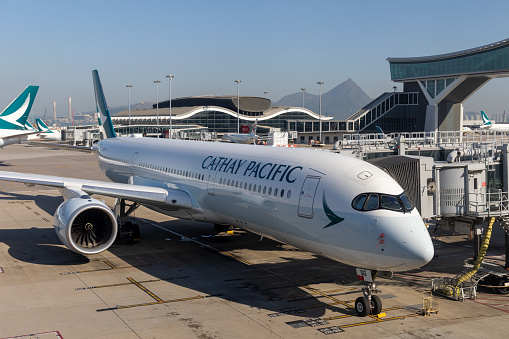 Hong Kong - November 21, 2023 : Cathay Pacific Airbus A350 aircraft at the Hong Kong International Airport.