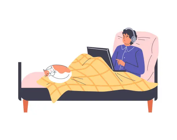 Vector illustration of Man freelancer works in bed, flat cartoon vector illustration isolated.