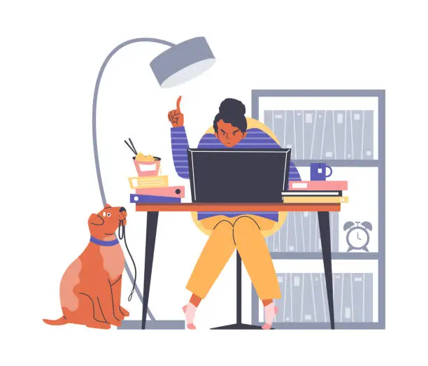 Vector illustration of Female freelancer works remotely at home, flat vector illustration isolated.