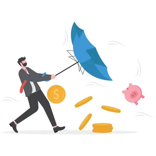 Vector illustration of Business struggling with unexpected and uncertain economy crisis, Person with broken umbrella in windy weather