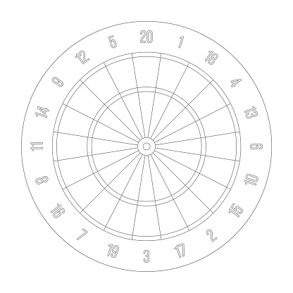Official dartboard with numbers in 20 radial sections, double rings, triple ring, inner and outer bullseye. Simple flat thin black outline vector illustration