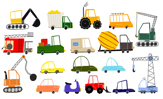 Set of cute vehicles for kids design. Hand drawn cute illustration on isolated background.  Illustration of funy cars set collection for baby clothing and decoration