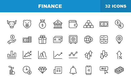 Finance and Money Line Icons. Editable Stroke. Contains such icons as Bank, Chart and Diagram, Credit Card, Cryptocurrency, Debt, Dollar, Insurance, Payments, Price, Retirement, Investment.