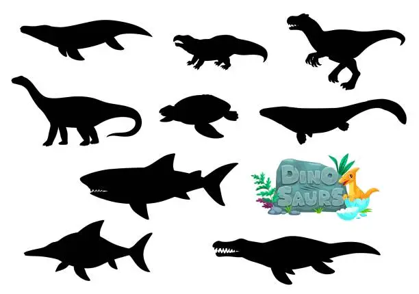 Vector illustration of Cartoon dinosaurs reptiles character silhouettes