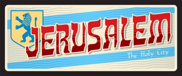 Jerusalem Israel capital city. Vector travel plate or sticker, vintage tin sign, retro vacation postcard or journey signboard, luggage tag. Souvenir with coat of arms with lion and flag