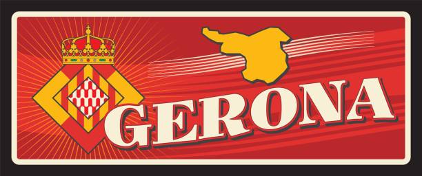 스페인 헤로나 스페인 도시 복고풍 여행 플레이트 - girona stock illustrations
