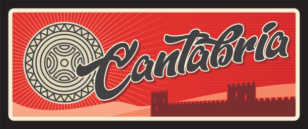 Cantabria Spanish retro travel plate. Spain region tin sign with coat or arms and flag symbol, castle tower protective walls. Autonomous community and province in northern Spain with Santander