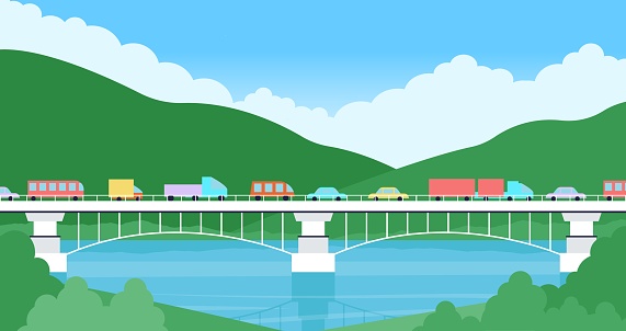 Cars on bridge. Urban transportation road, travel and adventures. Auto and truck crossing the crossing, nature or rural flat decent vector landscape of bridge road urban illustration