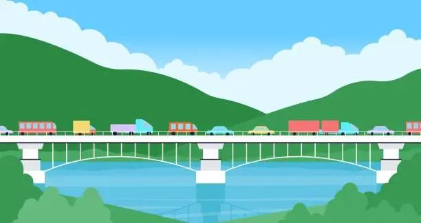 Vector illustration of Cars on bridge. Urban transportation road, travel and adventures. Auto and truck crossing the crossing, nature or rural flat decent vector landscape