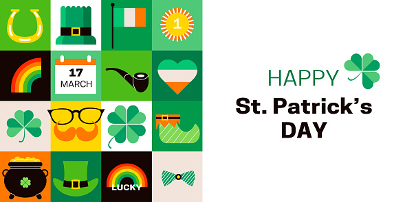 Happy Saint Patrick's Day holiday background. St. Patricks day festive banner template. Modern geometric style. Flat vector illustrations