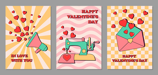 Set of Valentine's Day cards in retro groovy style. Loudspeaker, sewing machine, envelope and many hearts. Rectangular templates, posters, wall art on checkered and striped background. Vector.