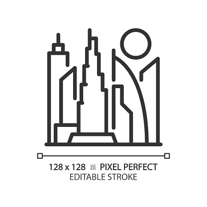 Dubai skyscrapers modern linear icon. Artificial island, twisted tower, famous landmarks. Luxury lifestyle resort. Thin line illustration. Contour symbol. Vector outline drawing. Editable stroke