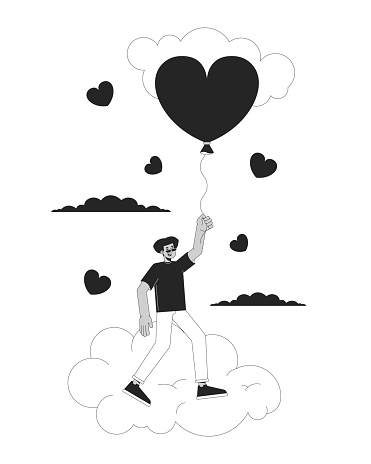 Hispanic man flying with balloon above clouds black and white 2D line cartoon character. Cloudy heart baloon male latin american isolated vector outline person. Monochromatic flat spot illustration