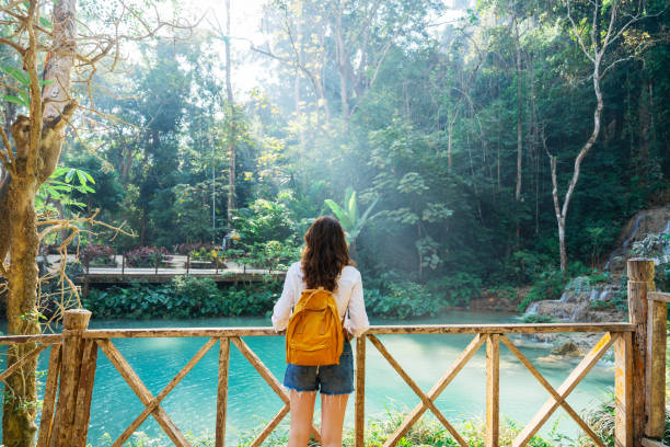 istock Woman enjoys refreshing  waterfall in tropical forest 1960053948