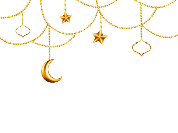 istock Watercolor Islamic arabian frame with golden crescent moon, stars on a gold chains illustration isolated on white background. Muslim hand drawn holiday Ramadan Kareem or Eid Al Adha 2024 template. For designers, prints, postcards, website design. 1960059376