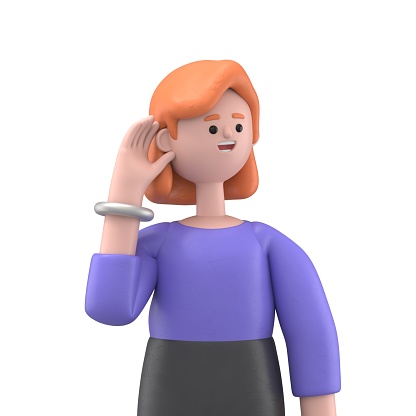 3D illustration of European businesswoman Ellen try to hear you overhear listening intently looking camera.3D rendering on white background.