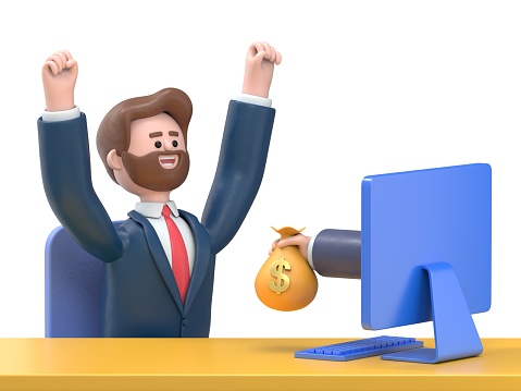 A hand from the monitor stretches a bag of money to a happy man. Concept of earnings on the Internet, online income, gambling.3D rendering on white background.