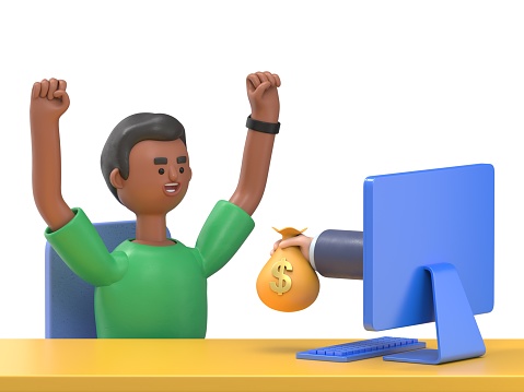 A hand from the monitor stretches a bag of money to a happy man. Concept of earnings on the Internet, online income, gambling.3D rendering on white background.