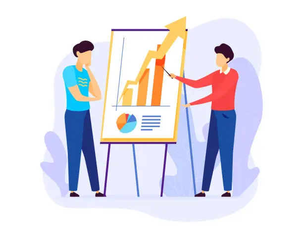 Vector illustration of Two professionals discuss growth strategy, chart shows rising trend. Man in red points out success on graph, colleague contemplates