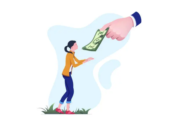 Vector illustration of Young woman receiving cash from a giant hand, financial aid concept. Generous donor giving money to a grateful recipient outdoors