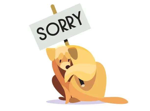 Vector illustration of Golden retriever holding Sorry sign, expressing apology, cartoon dog feeling regretful. Cute apologetic canine illustrates forgiveness, remorse in a fun way