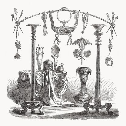 Greek luxury items from ancient times. Wood engraving, published in 1869.