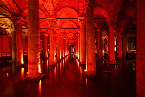 Basilica Cistern,  the largest of several hundred ancient cisterns that lie beneath the city of Istanbul, was built in the 6th century in order to meet the water demand of the city. Istanbul, Turkey