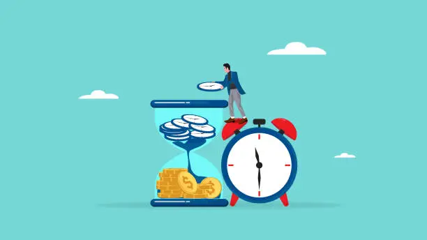 Vector illustration of time is money, business metaphor concept, long time investment to make money, time value of money, businessman or investors Putting the clock into the hourglass turns it into money vector illustration