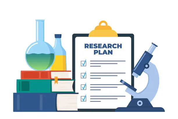 Vector illustration of Chemical laboratory research plan on clipboard with checklist. Chemical Laboratory equipment and books. Lab research, testing, studies in chemistry. Vector illustration.