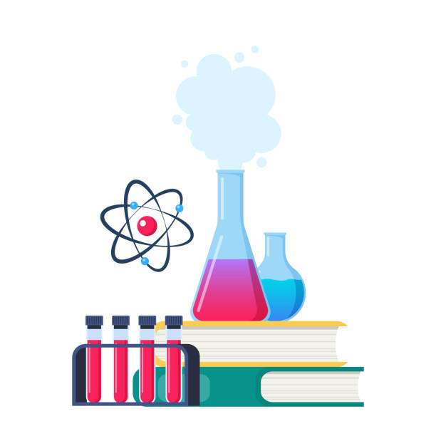 istock Chemical laboratory research. Chemical Laboratory equipment and books. Lab research, testing, studies in chemistry. Vector illustration. 1960112549