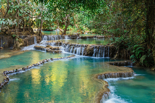Scenic view of refreshing  Kuang Si waterfall in the jungles
