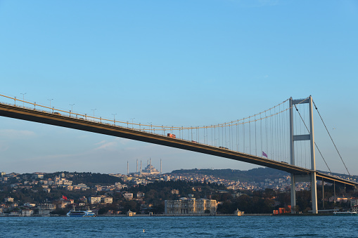 Istanbul, Turkey - December 10, 2023: Bosphorus Bridge or 15 July Martyrs bridge and cityscape with Grand Camlica Mosque during sunset.