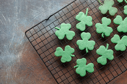 Green Clover Leaf. Homemade Shamrock Cookies for Saint Patricks day. Top view