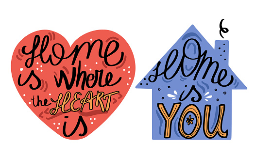 Two hand drawn calligraphy lettering quotes, about home, love and family. Isolated on white background vector illustrations in heart and house shape