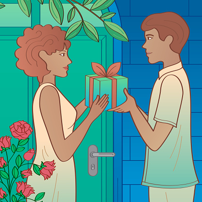 Close-up of couple exchanging Valentine's Day gift. Romantic template. Vector illustration.