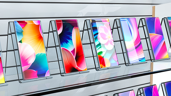 Mobile phones behind the glass of the showcase cabinet. 3d illustration
