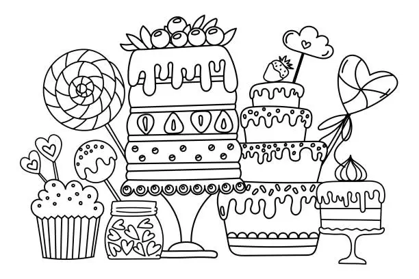 Vector illustration of Coloring Page - Cute Illustration With Lots Of Sweets
