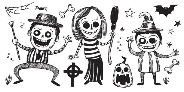 Vector illustration of set of characters for Halloween in vintage style, sketch. cute scary witches, zombies and pumpkins, engraving