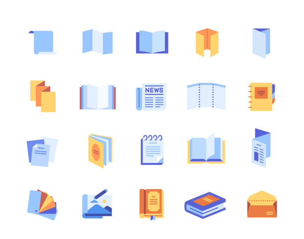 Vector Set of color leaflets icons Set of color leaflets icons. Bright stickers with brochure, newspaper, magazine, notepad, envelope and sketchbook. Polygraphic elements. Cartoon flat vector collection isolated on white background simple letterhead design stock illustrations