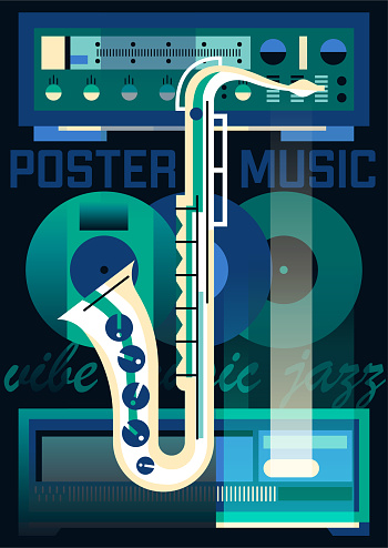 Jazz music festival poster. Abstract vintage cover with saxophone. Invitation to event or party with musical instruments. Retro flyer in 90s style. Design for print. Cartoon flat vector illustration