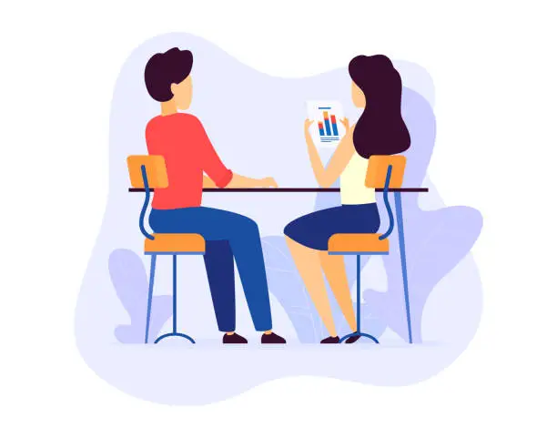 Vector illustration of Young woman presenting business report to male colleague during meeting. Two professionals discussing graphs and statistics at office desk. Man and woman in casual work attire examining company progress chart. Colleagues collaborate on business strategy w