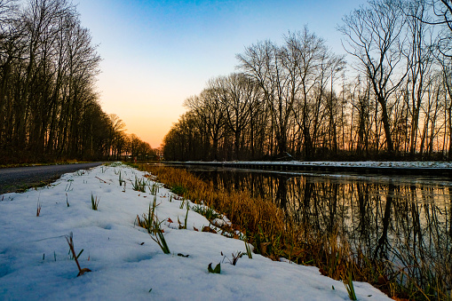 This image captures the tranquil beauty of a riverside landscape during winter. A thin blanket of snow covers the ground, contrasting with the dark, bare trees that line the river's edge. The golden hues of the sunset peek through the tree branches, casting a warm glow over the scene and reflecting off the river's surface. The road adjacent to the river leads the viewer's eye towards the sunset, adding depth and perspective to the composition. The clear sky transitioning from blue to orange creates a serene atmosphere, inviting contemplation. Winter Sunset by the Riverside. High quality photo