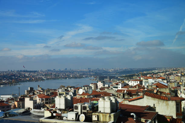 Istanbul, Turkey - December 10, 2023: Cityscape of the city of Istanbul and Golden Horn harbor at sunny winter day
