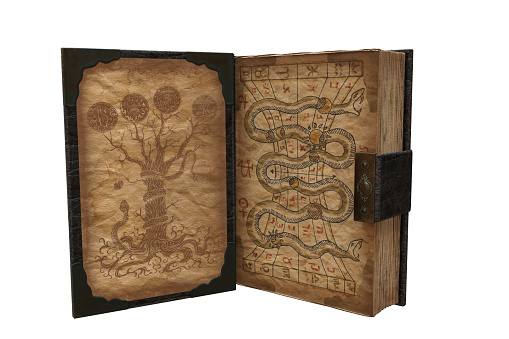 Ancient wizard magic spell book, open with yellow parchment pages. 3D illustration.
