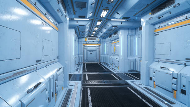 istock Corridor inside a futuristic science fiction industrial building with light blue metallic walls. 3D rendering.. 1960187764