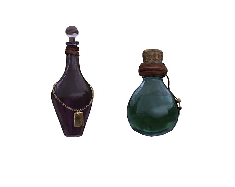 Pair of old magic spell potion bottles. 3D rendering isolated on white background.